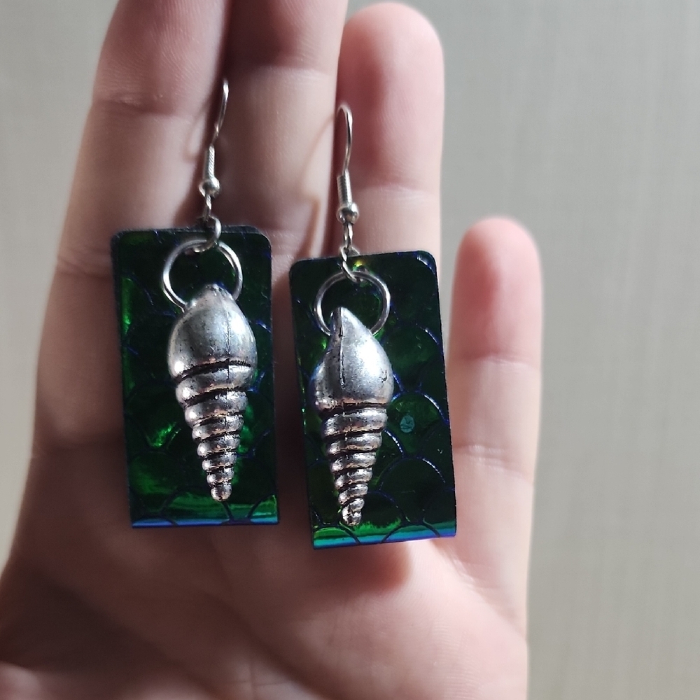 Silver Shell Dangle Earrings with Green Accents